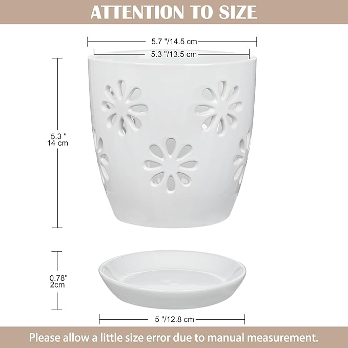 Oairse 6 inch Orchid Pots with Holes, White Ceramic Orchid Pot for Repotting Small Indoor Plant Pots with Drainage Holes and Saucers Decorative Flower Planter for Orchids, Indoor Plant