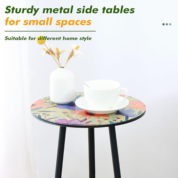 Party Zealot 2 Packs Metal Floral Round Side Table 13.2" Small Outdoor Patio Round Accent Coffee Tables Indoor Corner Stand for Small Spaces Weather-Resistant for Balcony Plant Stand