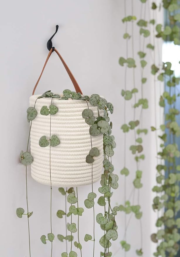 Goodpick 2pack Rope Hanging Basket - Small Round Hanging Baskets Storage for Key, Sunglasses, Wallet on Door - Modern Woven Baskets Wall Decor for Plant, White Cotton Basket 7.87 x 7 x 11.7 inches