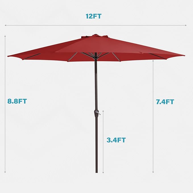 MEWAY 12ft Patio Umbrella Outdoor Table Umbrellas with Crank, Market Umbrella 8 Sturdy Ribs for Deck, Garden, Pool and Backyard, Red