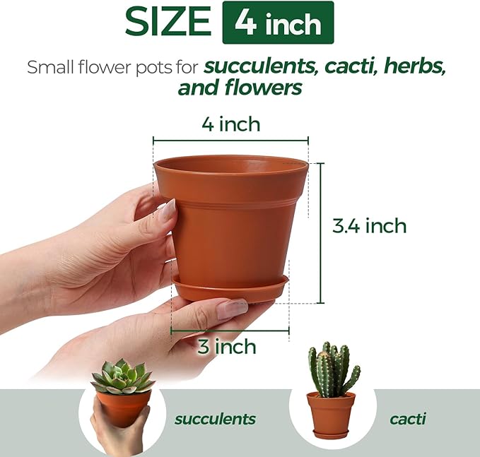 T4U 4 Inch Plant Pots 8-Pack, Small Flower Pots with Drainage Hole and Saucer, Decorative Nursery Pot Bulk for African Violet, Snake Plant, Succulent, Herb and Plants Indoor (8 Pcs 4" Pots)