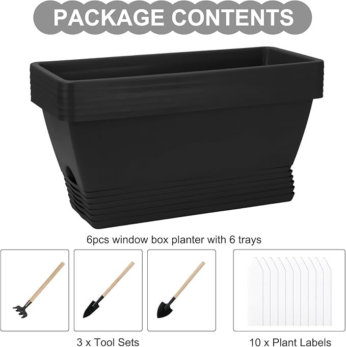 Window Box Planter, 6 Packs 17 Inches Rectangle Planters Box with Drainage Holes and Trays, Vegetable Planters for Windowsill Patio Garden Home Decor Porch Yard Dark Gray