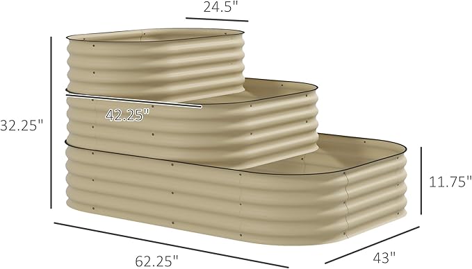 Outsunny 3-Tier Galvanized Steel Raised Garden Bed Kit, 62.25" x 43" x 32.25", 3 Combining Planter Boxes with Rubber Strip Edging, Open Bottom for Backyard, Garden, Patio, Cream White