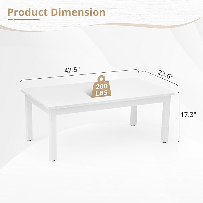 LUE BONA Outdoor Coffee Table, HDPS White Patio Coffee Tables for Outside Rectangle, Adjustable Levelling Feet/Weather Resistant, Patio Table for Deck, Pool, Balcony, Indoor or Outdoor Use