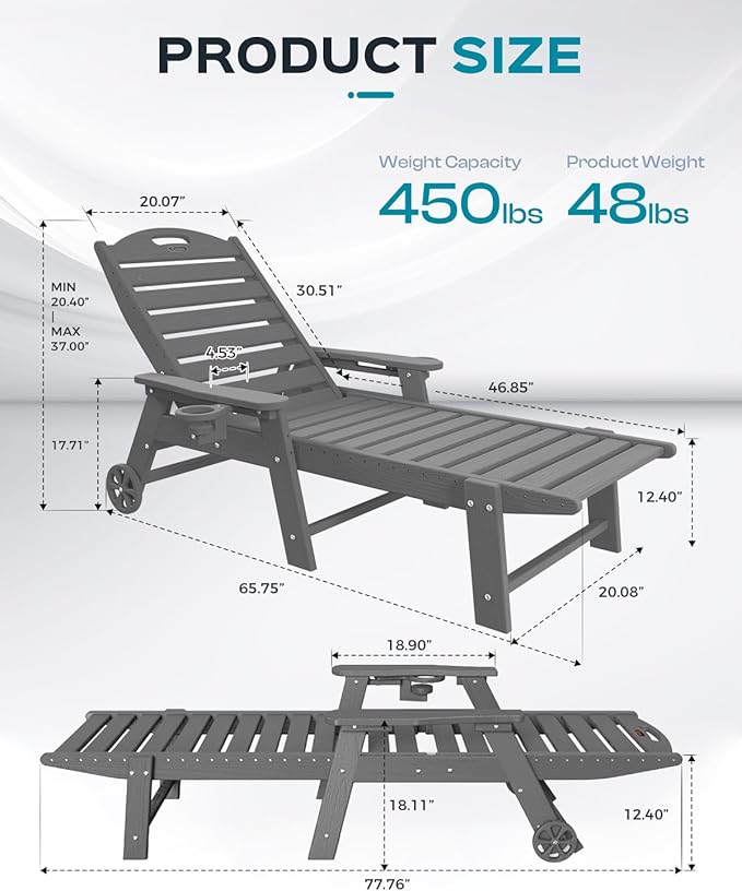 Ciokea Lounge Chair Outdoor, Oversized Chaise Lounge Chair with 5 Positions, HDPE, Patio Lounge Chair with Wheels & Cup Holder for Pool, Deck, Poolside, Dark Grey
