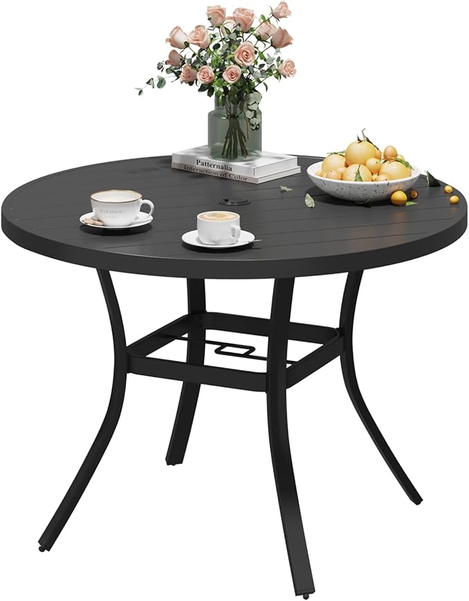 MELLCOM 42'' Round Outdoor Dining Table for 4, Metal Patio Dining Table with Umbrella Hole, All-Weather Black Table for Porch, Garden, Backyard, Poolside, Lawn
