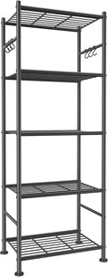 Storage Shelves - 5-Tier Large Capacity Shelf Organizer with Hooks, Heavy-Duty Garage Shelving with Leveling Feet, Wobble-Free Rack for Bedroom, Balcony, Garage, 18.1"×12.4"×56.8", Black