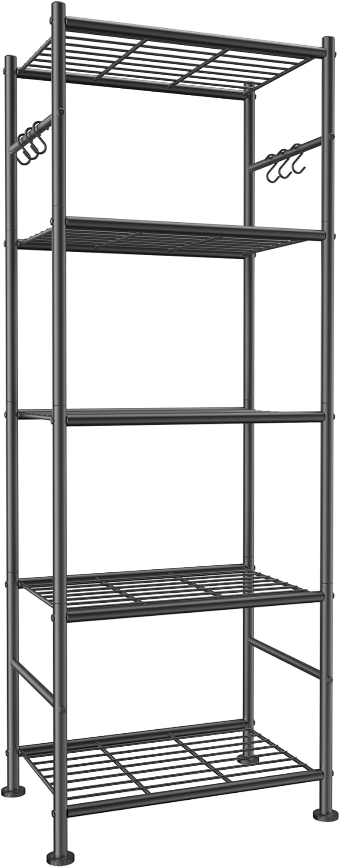 Storage Shelves - 5-Tier Large Capacity Shelf Organizer with Hooks, Heavy-Duty Garage Shelving with Leveling Feet, Wobble-Free Rack for Bedroom, Balcony, Garage, 18.1"×12.4"×56.8", Black