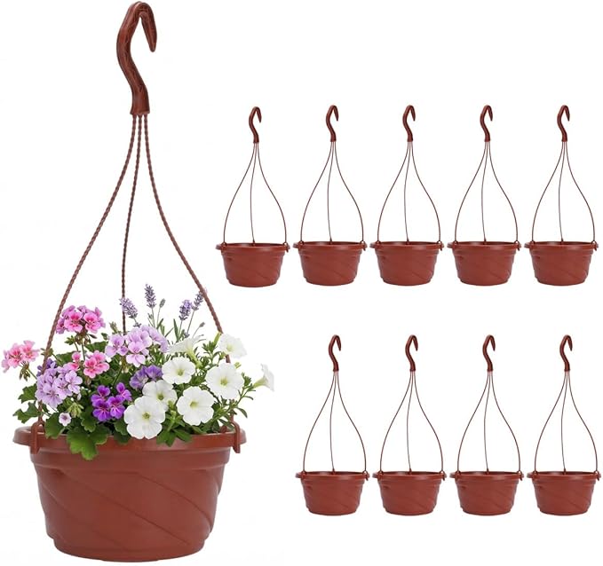 DOITOOL 10 Pack Hanging Plastic Pots for Plants with Hook, Garden Flower Plant Pot Container Baskets Hanging Nursery Planter Holder for Indoor Outdoor Garden Decor (Brown, 6.7 Inch)