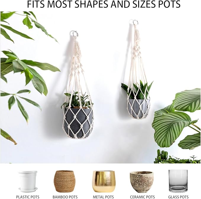 Artilady Macrame Plant Hanger Large Hanging Planter for Indoor Plants Holder White Cotton Rope Hanging Plant Basket Handmade Outdoor Window Boho Plant Wall Decor (White Macrame-2pcs)