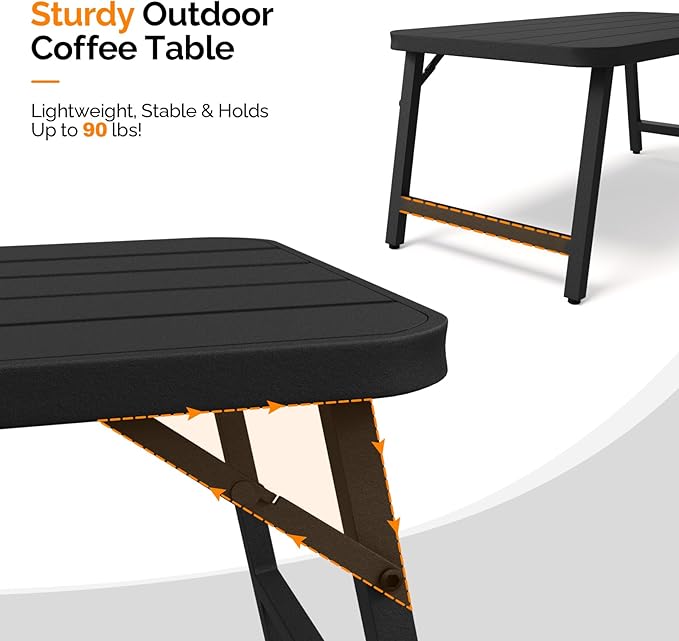 VINGLI Outdoor Folding Coffee Table, Rectangle Drainable Iron Patio Table for Balcony, Porch, and Living Room, Black