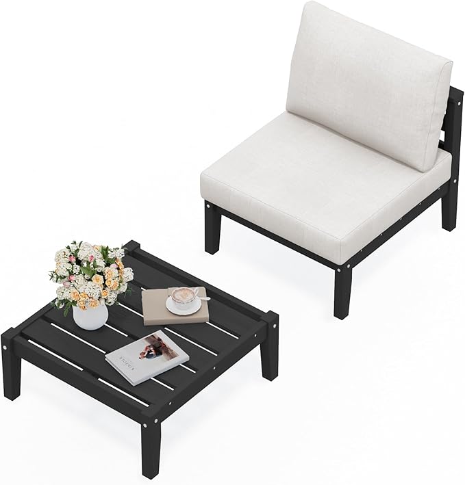 SERWALL HDPE Patio Furniture Set, 2 Pieces Outdoor Sectional Sofa Set, All-Weather Wood-Like Outdoor Sofa Couch with Coffee Table for Deck, Lawn, Black Frame with Khaki Cushion
