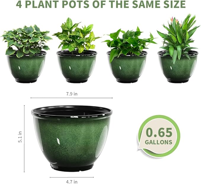 8 Inch Plastic Plant Pots, Set of 4 Flower Pots Planters with Drainage Hole, Glossy Smooth Finish Planter for Indoor Outdoor Succulent Snake Plants (Green)