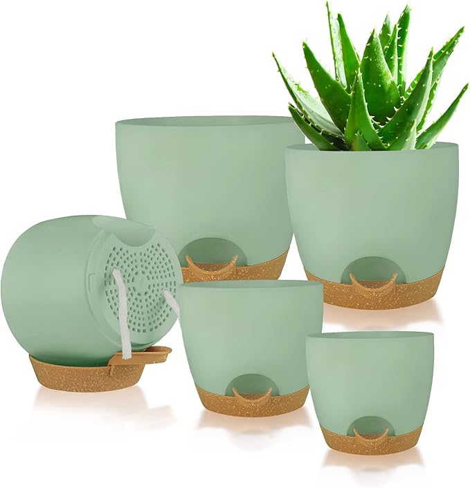 Self Watering Planters with Drainage Holes Reservoir,Nursery Planting Pot for Indoor Decor Garden Plants Succulents,Snake Plant, African Violet,Plastic Flower Pots Set 7+6.5+6+5.5+5 Inch (Green)