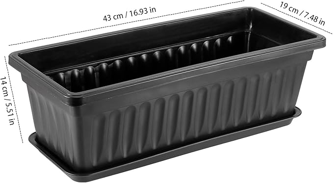 6 Pack 17 Inch Flower Window Box, Plastic Vegetable Planters Long Pots with Tray, Black Garden Flower Plant Pot for Windowsill Patio Garden Porch Balcony, with 30 PCS Plant Labels