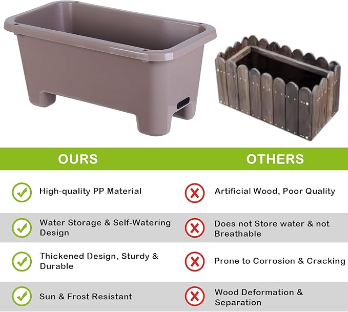Self-Watering Rectangle Planter Boxes 8-Pack, 15.7-Inch Window Box Planter with Drainage Holes & Trays, Pots for Vegetables, Herbs, Flowers, Garden Windowsill Balcony (Coffee)