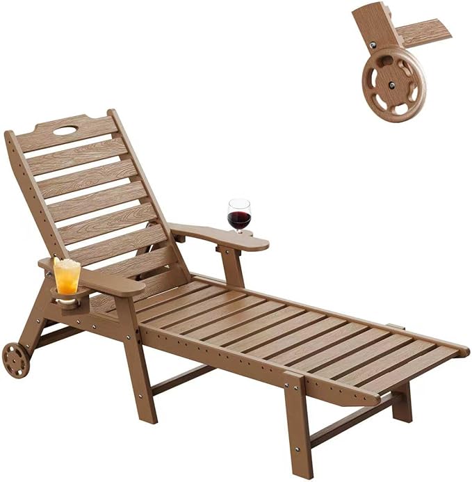Carauci Lounge Chair Outdoor, HDPE Chaise Lounge with Wheels, 5-Position Adjustable Backrest & 2 Cup Holders Patio Lounge Chair, All-Weather Pool Sun Lounger for Poolside, Backyard, Teak