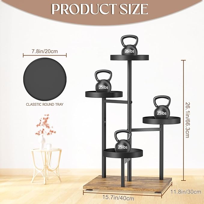 iDavosic.ly 4 Tier Plant Stand Indoor, Tiered Corner Flower Holder Shelf Outdoor, Metal Tall Orchid Display Rack for Patio Porch Garden Balcony Office Living Room, Modern Black & Rustic Brown
