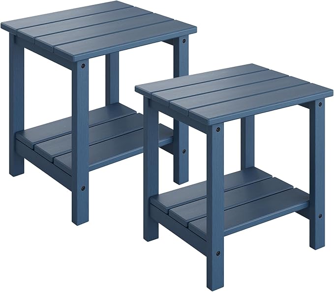 GarveeLife Adirondack Outdoor Side Table 18 x 15 in, HDPE 2-Tier Patio Side Tables for Outside, All-Weather End Table for Patio Pool Deck Indoor Backyard, Navy Blue-2Pcs