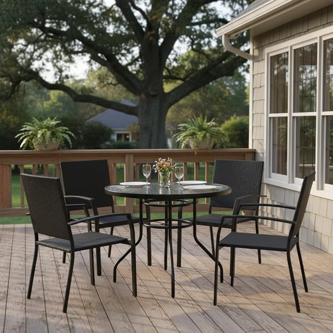 Tangkula 32" Round Outdoor Table with Tempered Glass Top, Patio Dining Table with Umbrella Hole & Metal Frame, Outside Bistro Table for Backyard, Lawn, Deck & Poolside