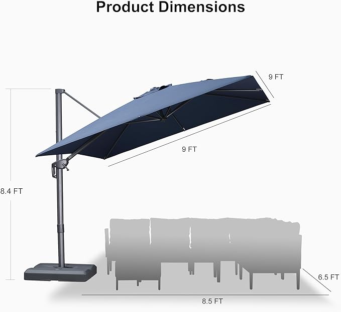 PURPLE LEAF Patio Umbrella 9' X 9' Rectangle Cantilever Umbrella Large Aluminum Outdoor Umbrellas with 360-degree Rotation & UPF40+ Premium Fabric for Deck Pool Garden Yard, Ocean Slate