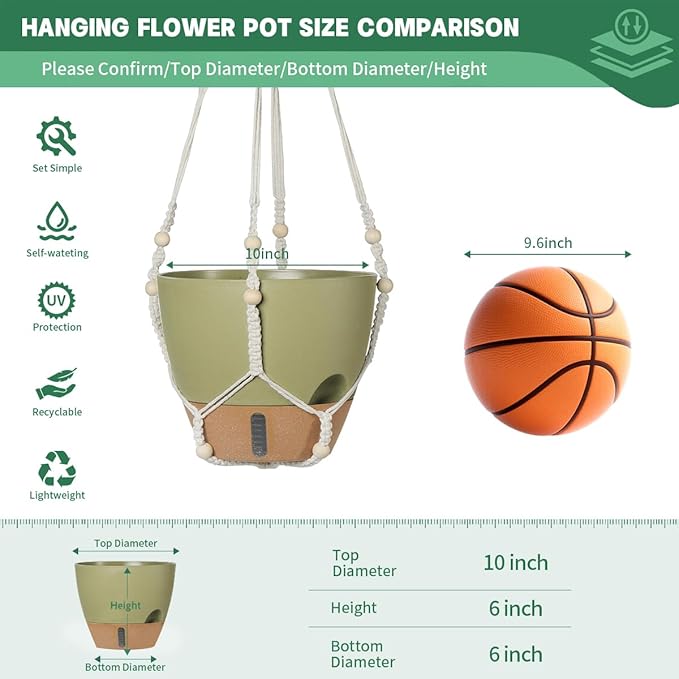 Self-Watering Hanging Planters for Indoor Plants Set 2-Piece Includes Plant Hanging Pot, Drainage-Hole Hanging Pot, and Hanging Basket Rack (10 Inches, Green)