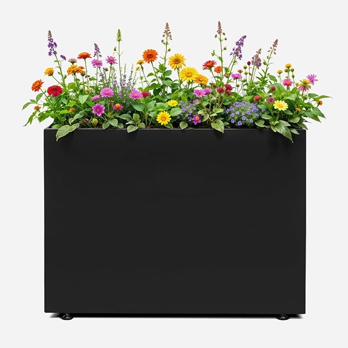 IDZO 35.4" W x 25.6" H Metal Planter Box, Privacy Trough for Patio, Rectangle Container for Outdoor Plants, Tall Large Rectangular Steel Bed for Outdoor Greens with Drainage Holes & Adjustable Feet