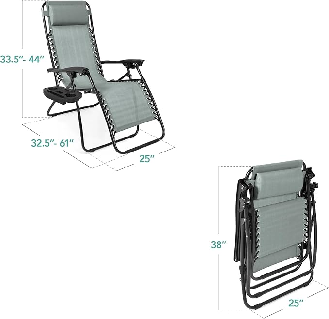Best Choice Products Set of 2 Adjustable Steel Mesh Zero Gravity Lounge Chair Recliners w/Pillows and Cup Holder Trays - Stardew