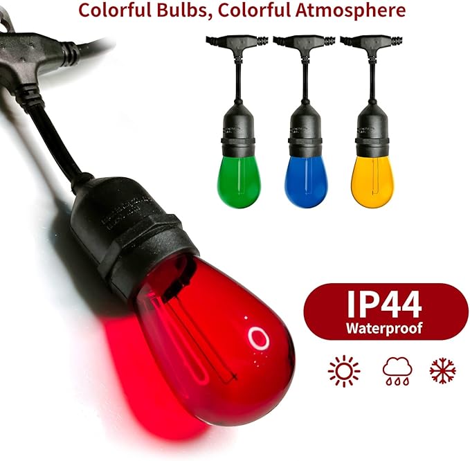 Meconard 24Pack S14 Colored LED String Light Bulbs,1Watt Plastic Shatterproof Waterproof Outdoor Indoor Replacement Bulbs for Home Decor, E26 Medium Base, Multi-Color: Red/Green/Blue/Orange