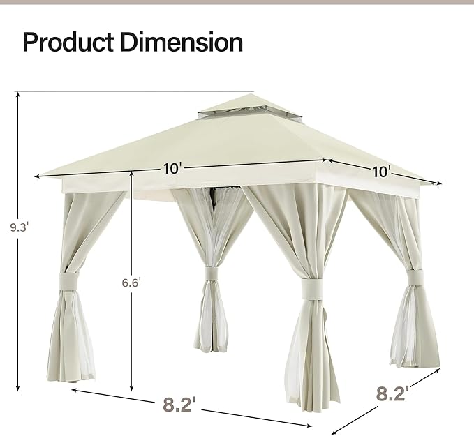 LAUSAINT HOME Semi-Permanent Outdoor Patio Gazebo 10'x10', Heavy Duty Party Tent Shelter with Double Roofs, Mosquito Nettings and Privacy Screens for Backyard, Garden, Lawn, Cream White