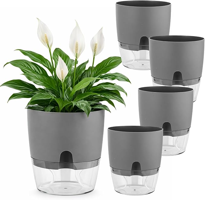 Planterhoma 5 Pack Self Watering Pots for Indoor Plants, 9 Inch Plant Pot Plastic Self Watering Planter for Orchid, Monstera, Lily, Large Clear Flower Pots with Drainage Holes and Wicking Rope, Gray