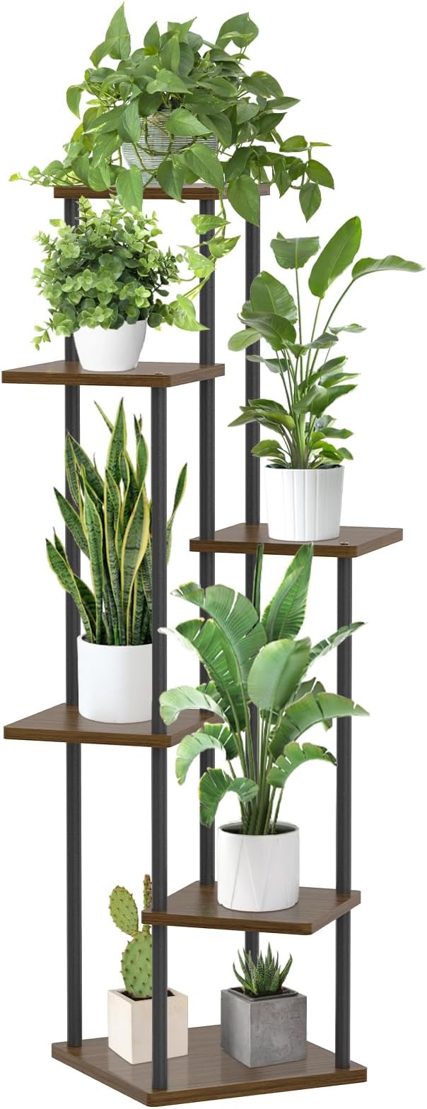 6 Tier Plant Stand Indoor Outdoor, Tall Metal Wood Muti-Level Planter Shelf Holder, Sturdy Large Vertical Corner Orchid Flower Pot Display Rack for Narrow House Decor Office Living Room Bedroom, Oak