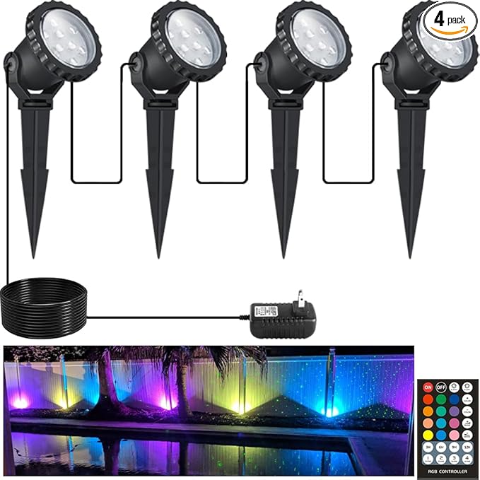 Spotlights Outdoor, RGB Color Changing Landscape Lights 12W 800lm 120V Plug in LED Spot Lights with Remote, IP66 Waterproof Outdoor Lights for Tree Yard House Flag Garden, 46.5ft Cord, 4 Pack
