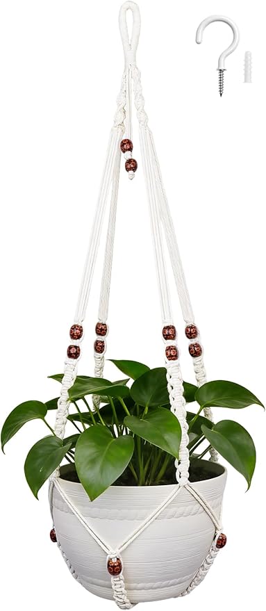 35 Inch Macrame Plant Hanger, Large for up to 15 Inch Pot Extra Long Hanging Planter Holder Basket with Wood Beads for Indoor Outdoor Home Decor (Ivory, 1-Pack)