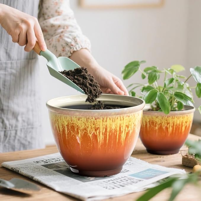 4 Pack Plastic Plant Pots Indoor with Drainage Hole, 8 Inch Glazed Planters for Indoor Outdoor Plants, Garden Flower Pots for Office Home Decor(Orange Glaze)