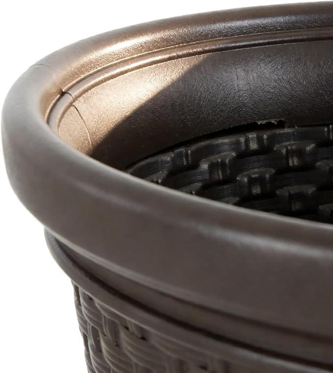 Decorative Wicker Garden Hose Holder Pot - 100 Foot Hose Storage with 4 Drain Holes, Java Brown Resin Outdoor Container, 18 x 12 Inch