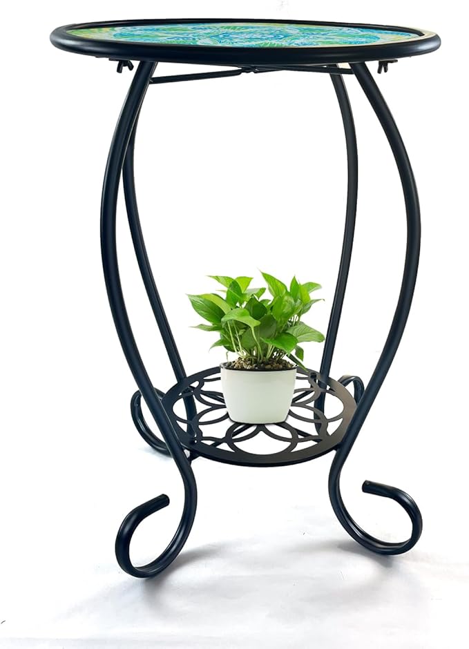 LIFFY Mosaic Outdoor Side Table, 14" Round Flower Patio Side Table, Mosaic Plant Stand, End Table W/Storage Shelf, Small Bistro Coffee Table for Garden Yard Porch Living Room