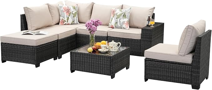 Jing's Villa 7-Piece Patio Furniture Set, All-Weather Outdoor Wicker Sectional Sofa with Cushions, Tempered Glass Table & Ottoman, Rattan Conversation Seating for Porch, Garden, Backyard,Beige