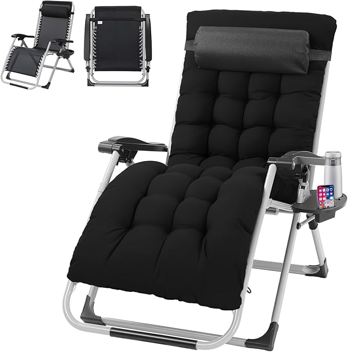 VINGLI 29" Padded Zero Gravity Chair, Lounge Chair with Removable Cushion & Tray， Folding Reclining Patio Chairs， Recliner Chair for Lawn，Indoor Outdoor-Black