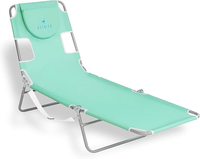 Ostrich 4-Position Outdoor Chaise Lounge w/Face Cushion & Arm Holes, Teal - Lightweight Folding Lounger w/Adjustable Reclining Backrest, Portable w/Carry Strap, 250 lb Weight Capacity