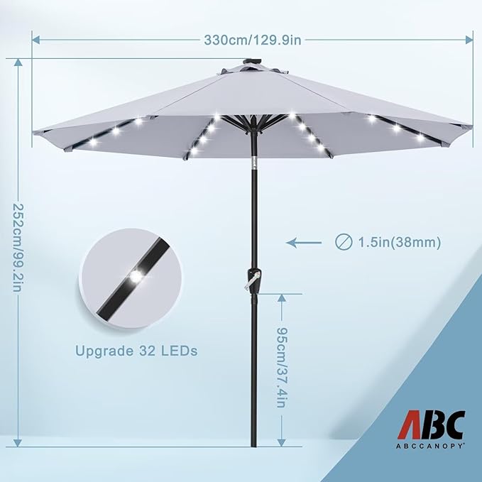 ABCCANOPY Durable Solar Led Patio Umbrellas with 32LED Lights 11FT (Light Gray)