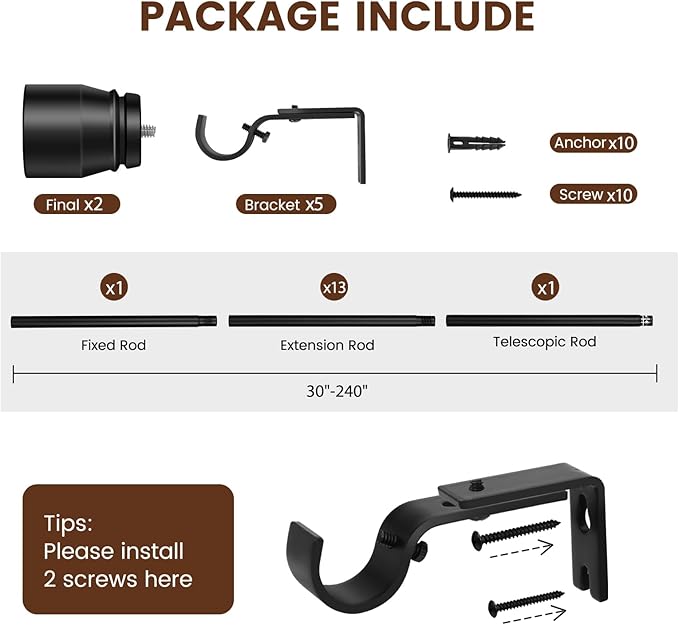 1” Diameter Curtain Rods Itself is 30 to 240 inch 1 Pack Fit 30-234 inch Window with Heavy Duty Adjustable Rod Matte Black Splicing Metal Extra Long Curtain Rod for Windows