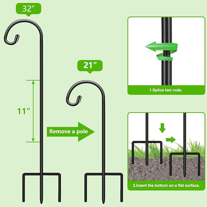 FEED GARDEN Adjustable 32 Inch Shepherd Hooks Rust Resistant Steel Shepard Hooks for Outdoor Hanging Lanterns, Bird Feeders, Solar Lights, Weddings Decor 8 Pack