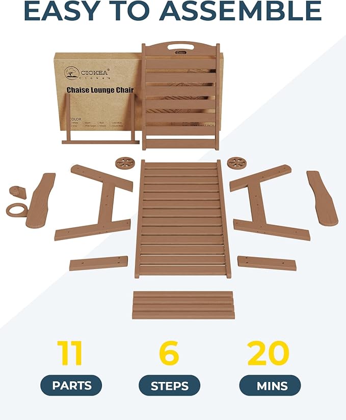 Ciokea Lounge Chair Outdoor, Oversized Chaise Lounge Chair with 5 Positions, HDPE, Patio Lounge Chair with Wheels & Cup Holder for Pool, Deck, Poolside, Teak