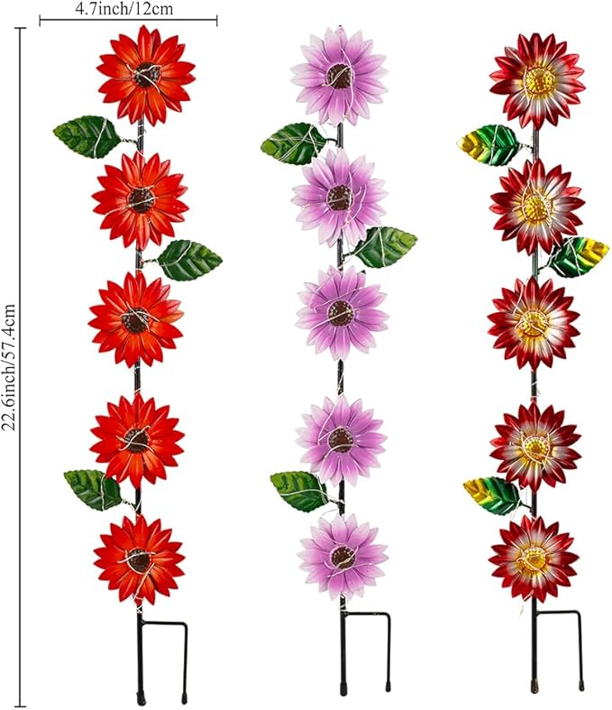 Set of 3 Solar Garden Lights,22.6'' H Flowers Decorative Garden Stakes,Waterproof Metal Spring Yard Art Decor,Solar Stake Lights for Outside,Lawn,Yard,Patio