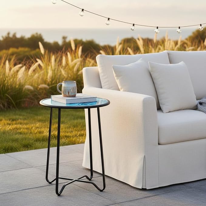 LIFFY Outdoor Side Table,14" Indoor Outdoor Round Glass Tabletop Accent Table with Metal Frame, Decorative Plant Stand & End Table for Home, Patio, Garden