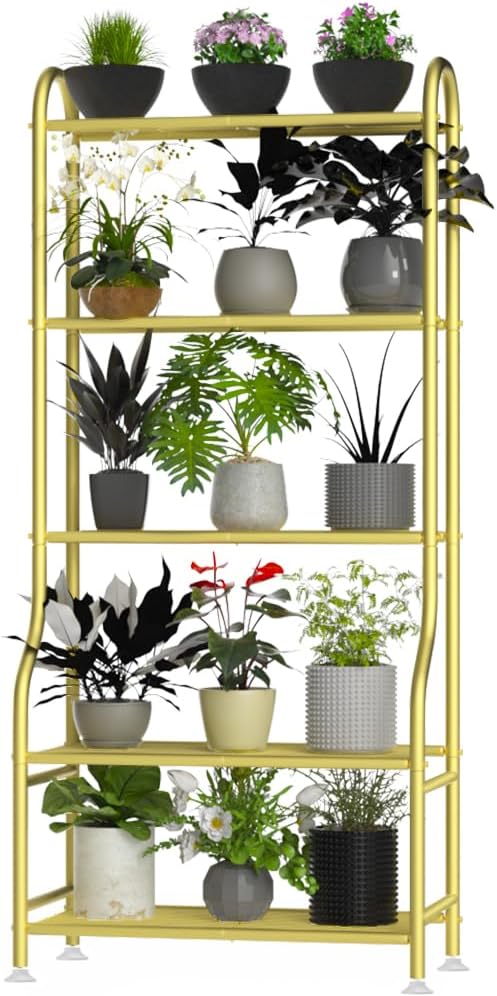 5-Tier Metal Plant Stand Indoor Outdoor, Waterproof Flower Stand for Multiple Pots, Heavy Duty Plant Stands for Living Room Patio Garden Decor, Tall Plant Shelf with Leveling Feet, Gold