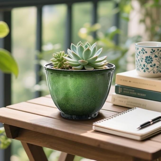 8 Inch Plastic Plant Pots, Set of 4 Flower Pots Planters with Drainage Hole, Glossy Smooth Finish Planter for Indoor Outdoor Succulent Snake Plants (Green)