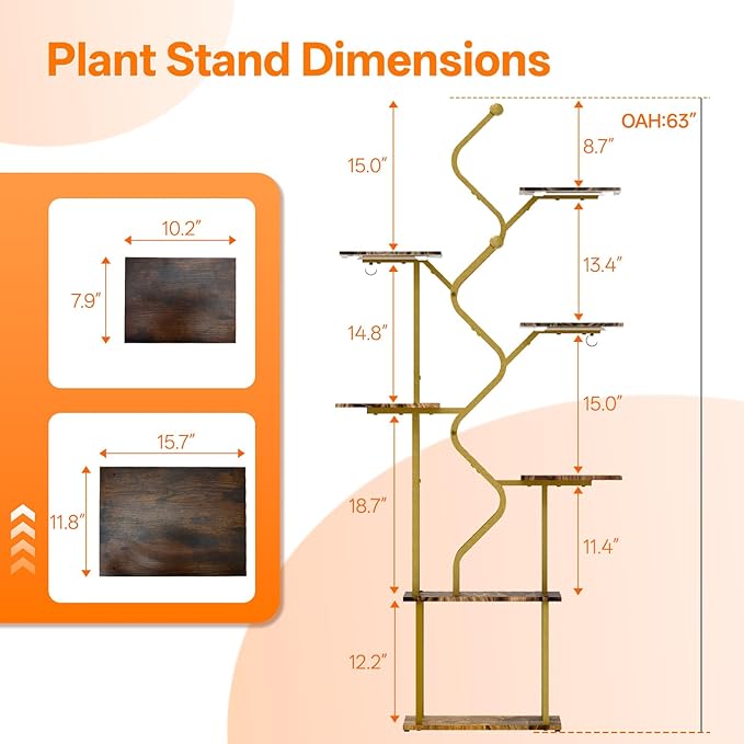 Bstrip 63 Inch Plant Stand with Grow Light, 7-Tier Indoor Plant Shelf with Hanging Hooks, Decor Corner Plant Stand for Living Room & Patio, Gold
