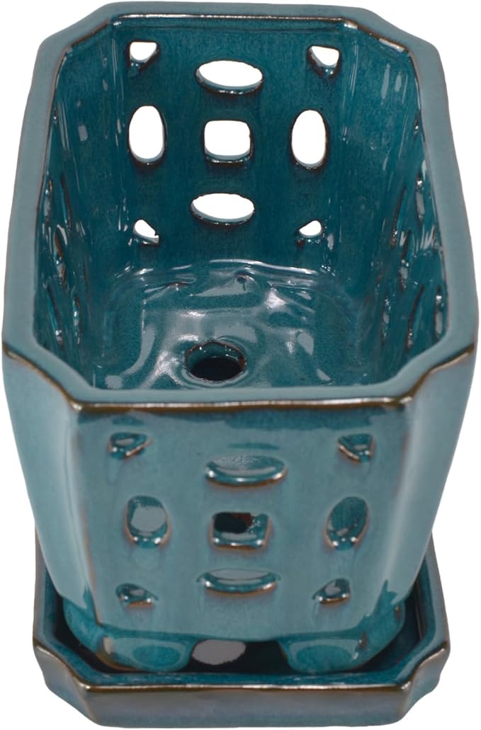 W&W Orchid Pot with Holes and Saucer for Repotting, Teal, 9.7 Inches